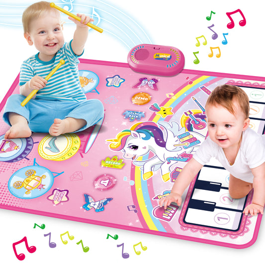 Baby Music Play Mat 35.4" x 27.5" with 8 Instrument Sounds, Piano Drum & 2 Sticks, Record Play Back - Educational Learning Toy for 1 2 3 Years Old - Toddlers Birthday Gift